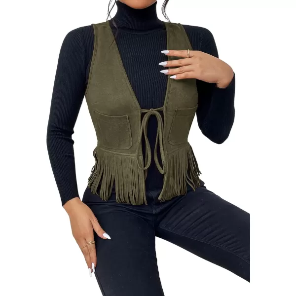 WDIRARA Women's Fringe Hem Tie Front Sleeveless Faux Suede Tank Top Solid Vest Coat