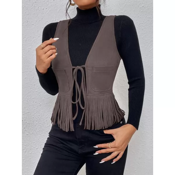 WDIRARA Women's Fringe Hem Tie Front Sleeveless Faux Suede Tank Top Solid Vest Coat