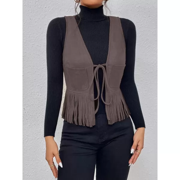 WDIRARA Women's Fringe Hem Tie Front Sleeveless Faux Suede Tank Top Solid Vest Coat