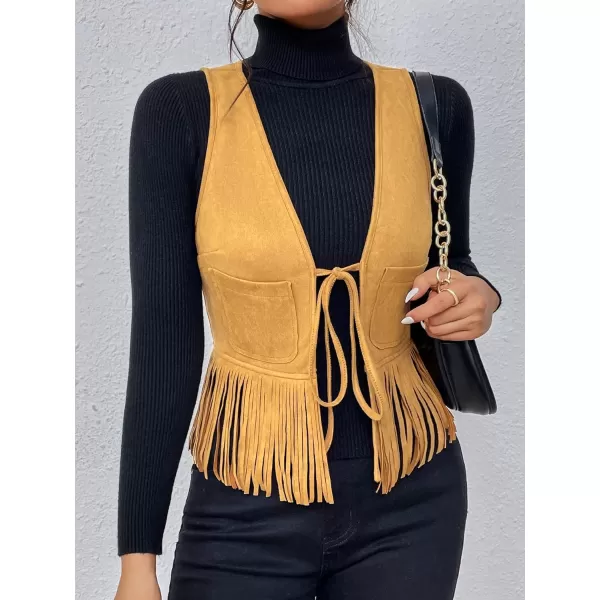 WDIRARA Women's Fringe Hem Tie Front Sleeveless Faux Suede Tank Top Solid Vest Coat
