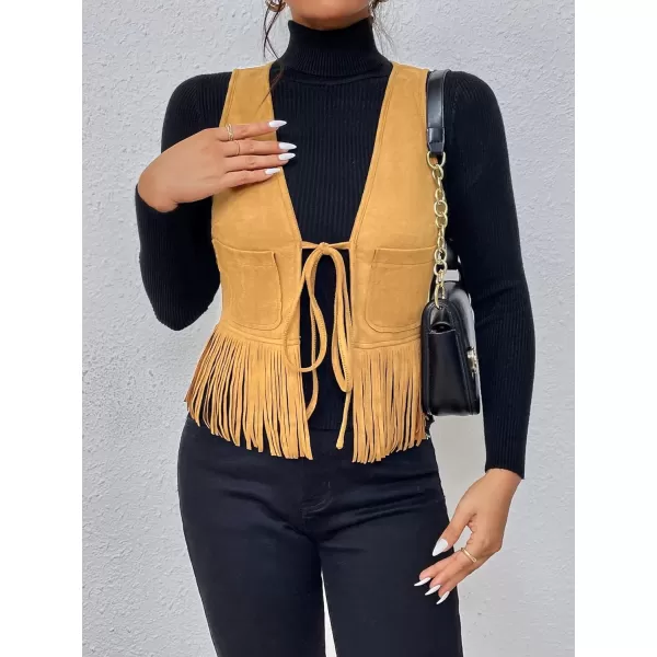WDIRARA Women's Fringe Hem Tie Front Sleeveless Faux Suede Tank Top Solid Vest Coat