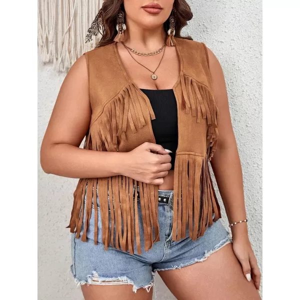 WDIRARA Women's Fringe Hem Tie Front Sleeveless Faux Suede Tank Top Solid Vest Coat
