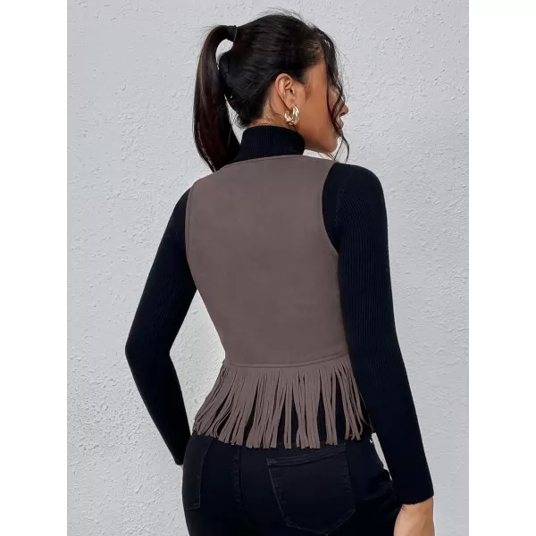 WDIRARA Women's Fringe Hem Tie Front Sleeveless Faux Suede Tank Top Solid Vest Coat