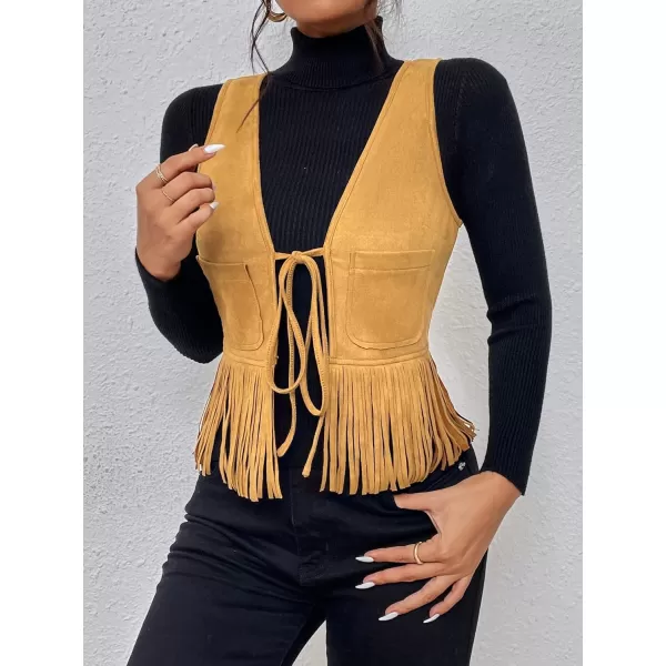 WDIRARA Women's Fringe Hem Tie Front Sleeveless Faux Suede Tank Top Solid Vest Coat