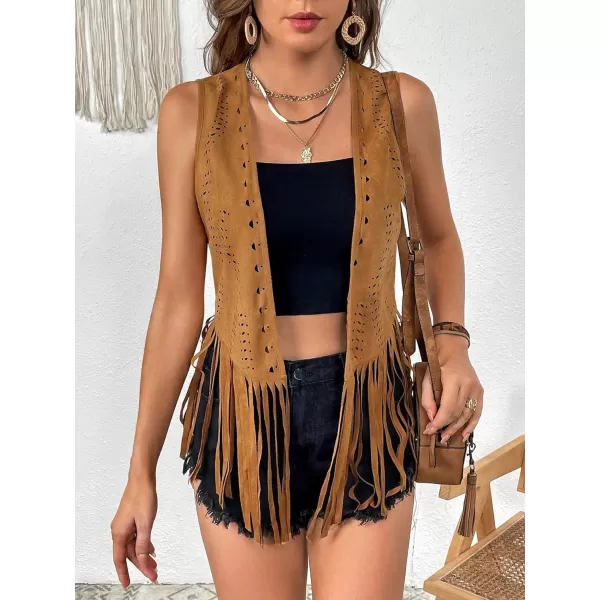 WDIRARA Women's Fringe Sleeveless Vest Tassel Faux Suede Open Front 70s Hippie Jacket Cardigan