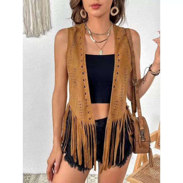WDIRARA Women's Fringe Sleeveless Vest Tassel Faux Suede Open Front 70s Hippie Jacket Cardigan