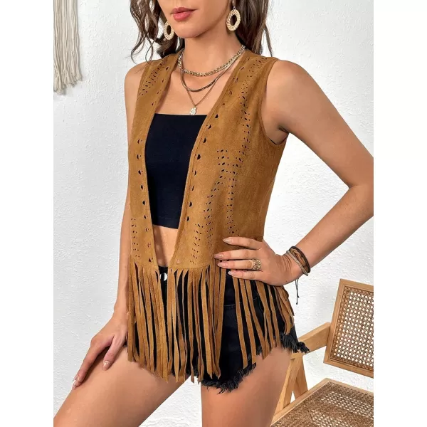 WDIRARA Women's Fringe Sleeveless Vest Tassel Faux Suede Open Front 70s Hippie Jacket Cardigan