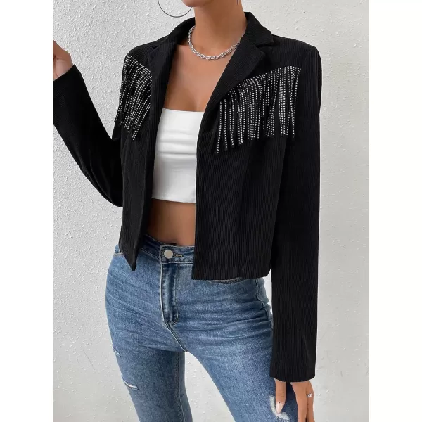 WDIRARA Women's Fringe Trim Open Front Long Sleeve Cocktail Party Jacket Outerwear