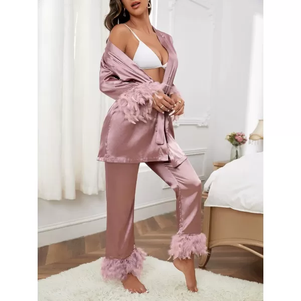 WDIRARA Women's Fuzzy Trim Satin Sleepwear Long Sleeve Tie Belt Top and Pants Pajamas Set