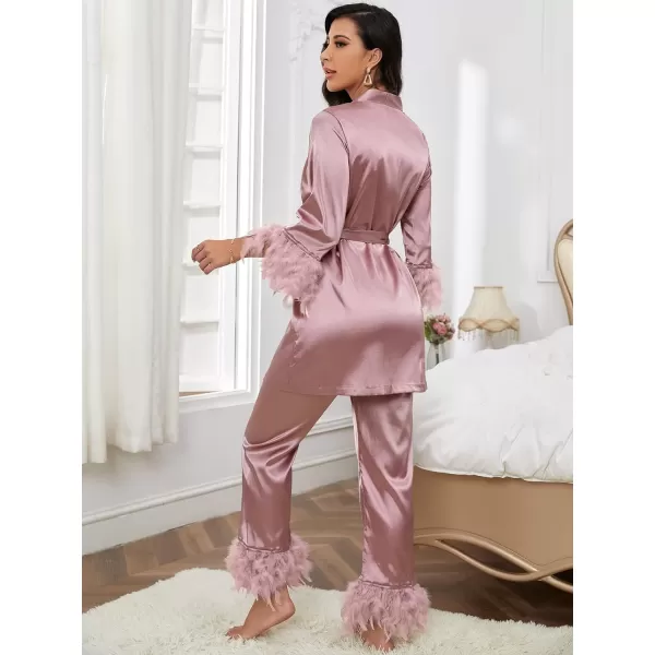 WDIRARA Women's Fuzzy Trim Satin Sleepwear Long Sleeve Tie Belt Top and Pants Pajamas Set