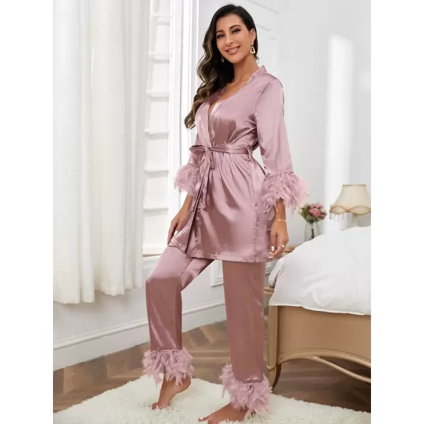 WDIRARA Women's Fuzzy Trim Satin Sleepwear Long Sleeve Tie Belt Top and Pants Pajamas Set