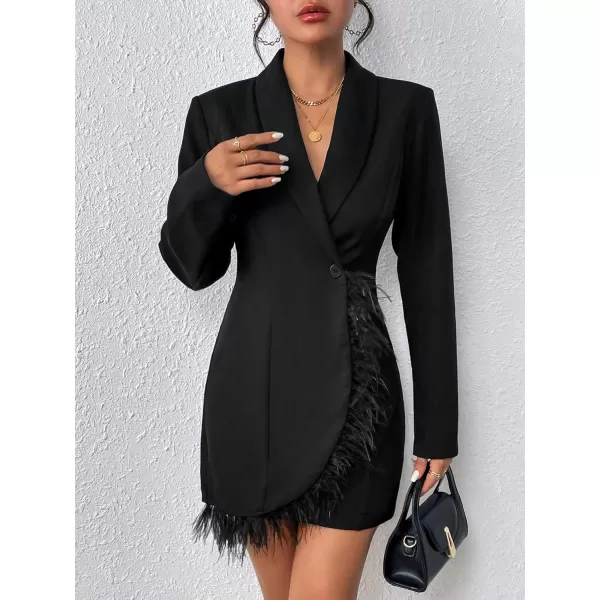 WDIRARA Women's Fuzzy Trim Wrap Button Front Long Sleeve Shawl Collar Blazer Dress
