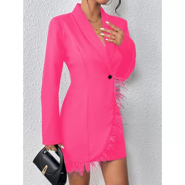 WDIRARA Women's Fuzzy Trim Wrap Button Front Long Sleeve Shawl Collar Blazer Dress