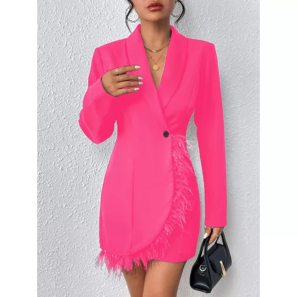 WDIRARA Women's Fuzzy Trim Wrap Button Front Long Sleeve Shawl Collar Blazer Dress