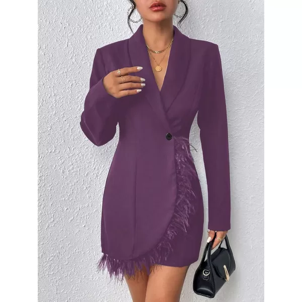 WDIRARA Women's Fuzzy Trim Wrap Button Front Long Sleeve Shawl Collar Blazer Dress