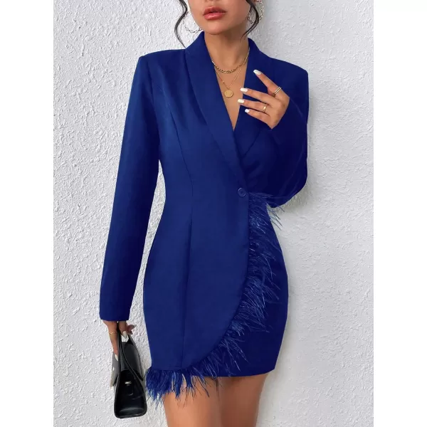 WDIRARA Women's Fuzzy Trim Wrap Button Front Long Sleeve Shawl Collar Blazer Dress