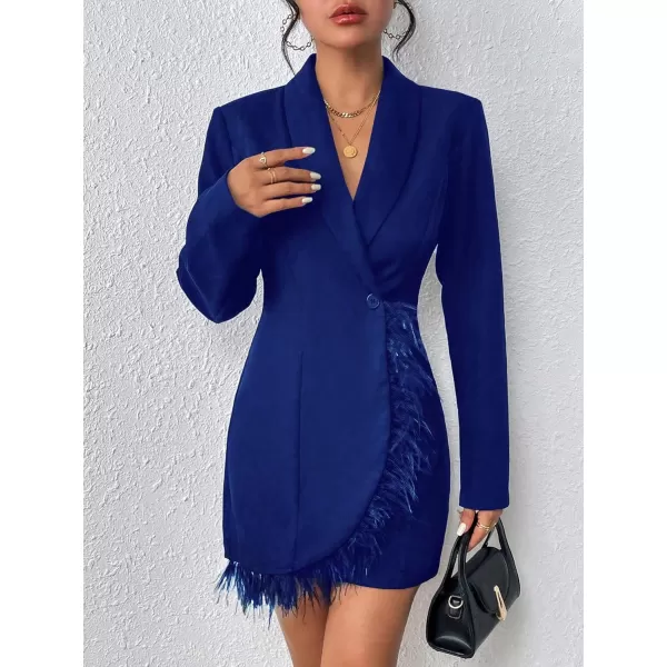 WDIRARA Women's Fuzzy Trim Wrap Button Front Long Sleeve Shawl Collar Blazer Dress