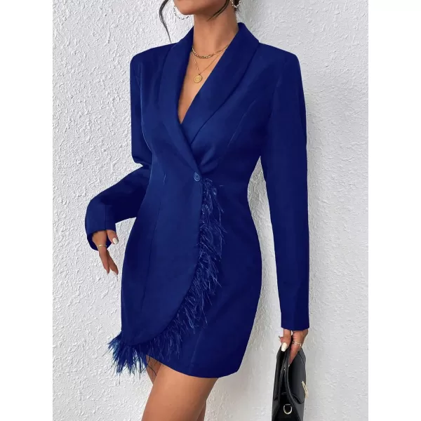 WDIRARA Women's Fuzzy Trim Wrap Button Front Long Sleeve Shawl Collar Blazer Dress