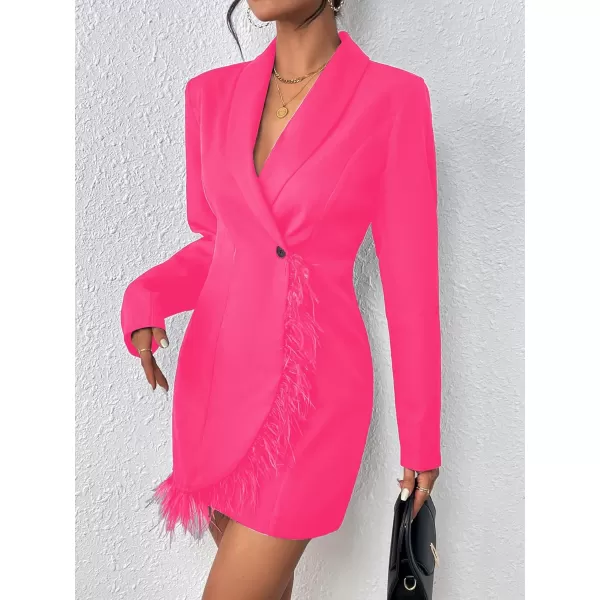 WDIRARA Women's Fuzzy Trim Wrap Button Front Long Sleeve Shawl Collar Blazer Dress