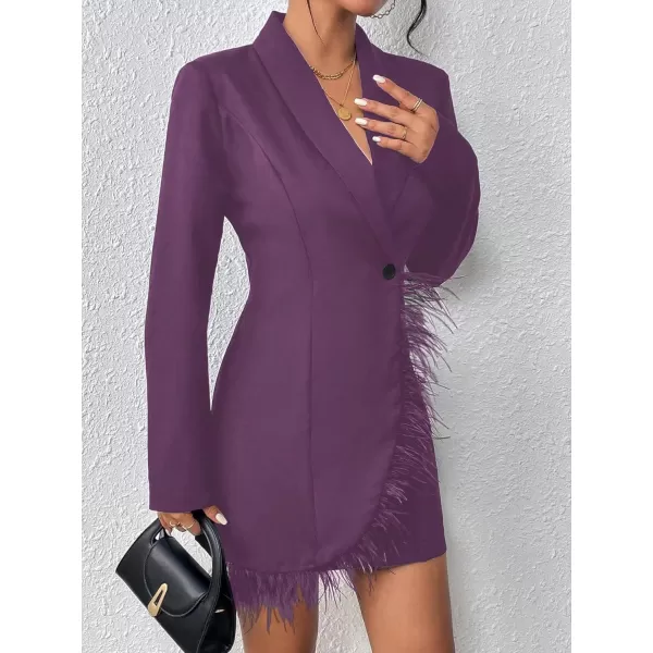 WDIRARA Women's Fuzzy Trim Wrap Button Front Long Sleeve Shawl Collar Blazer Dress