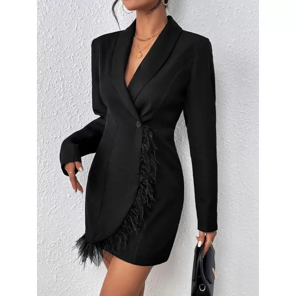 WDIRARA Women's Fuzzy Trim Wrap Button Front Long Sleeve Shawl Collar Blazer Dress