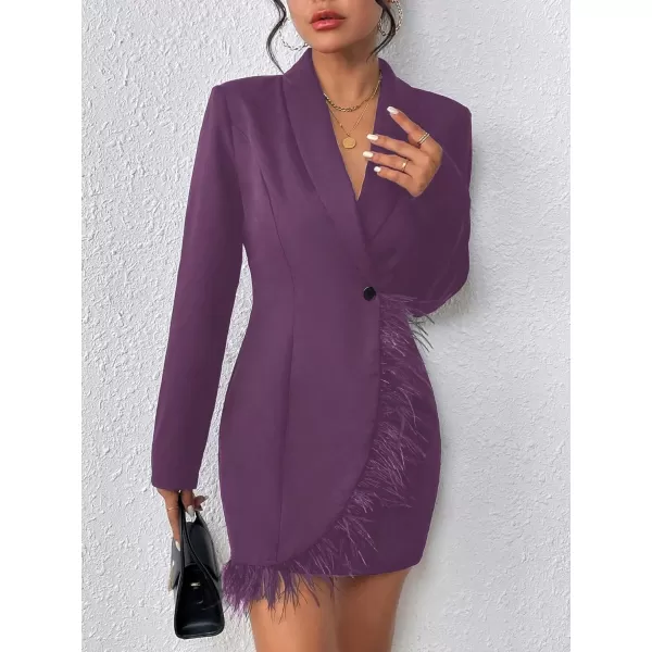 WDIRARA Women's Fuzzy Trim Wrap Button Front Long Sleeve Shawl Collar Blazer Dress