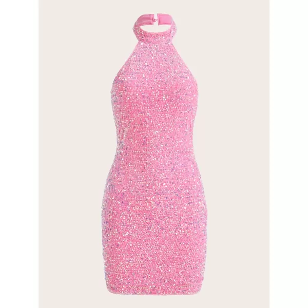 WDIRARA Women's Glitter Halter Neck Backless Sleeveless Ruched Contrast Sequin Bodycon Pencil Mini Dress