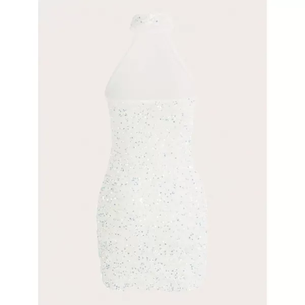 WDIRARA Women's Glitter Halter Neck Backless Sleeveless Ruched Contrast Sequin Bodycon Pencil Mini Dress