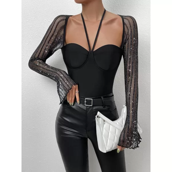 WDIRARA Women's Glitter Mesh Halter Tie Back Long Sleeve Bustier Top Backless Bodysuits