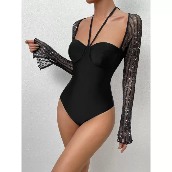 WDIRARA Women's Glitter Mesh Halter Tie Back Long Sleeve Bustier Top Backless Bodysuits