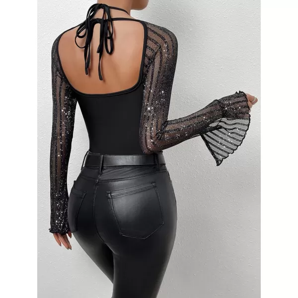 WDIRARA Women's Glitter Mesh Halter Tie Back Long Sleeve Bustier Top Backless Bodysuits