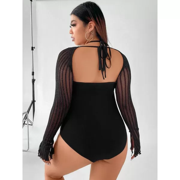 WDIRARA Women's Glitter Mesh Halter Tie Back Long Sleeve Bustier Top Backless Bodysuits