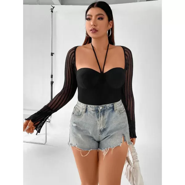 WDIRARA Women's Glitter Mesh Halter Tie Back Long Sleeve Bustier Top Backless Bodysuits