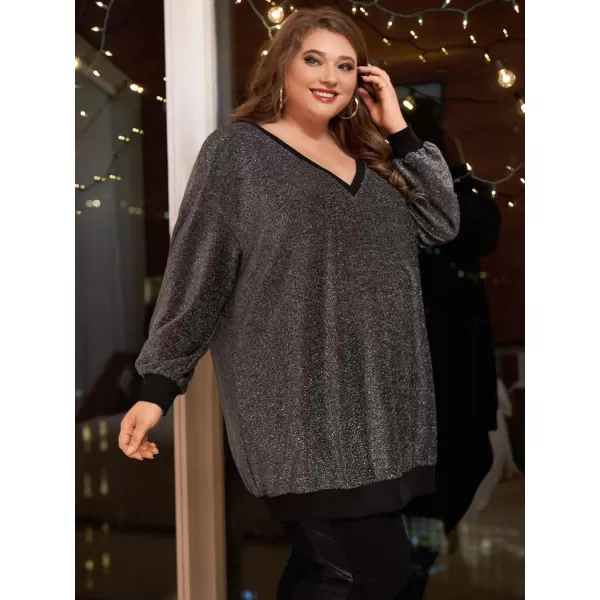 WDIRARA Women's Glitter Plus Size V Neck Drop Shoulder Long Sleeve Casual Loose Sweatshirts