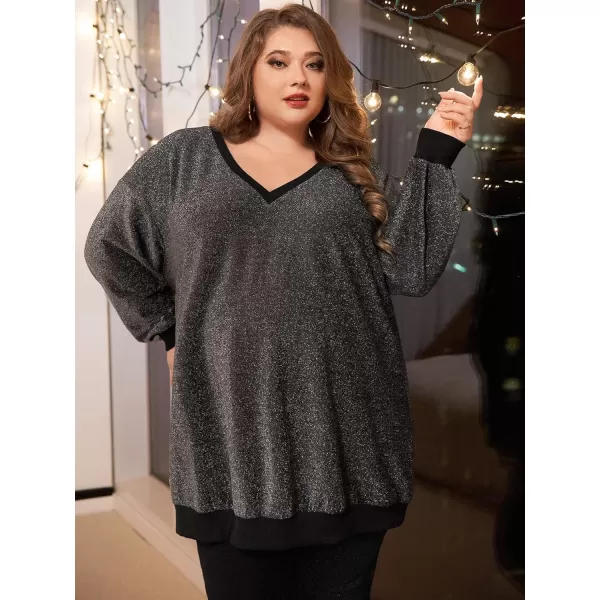 WDIRARA Women's Glitter Plus Size V Neck Drop Shoulder Long Sleeve Casual Loose Sweatshirts