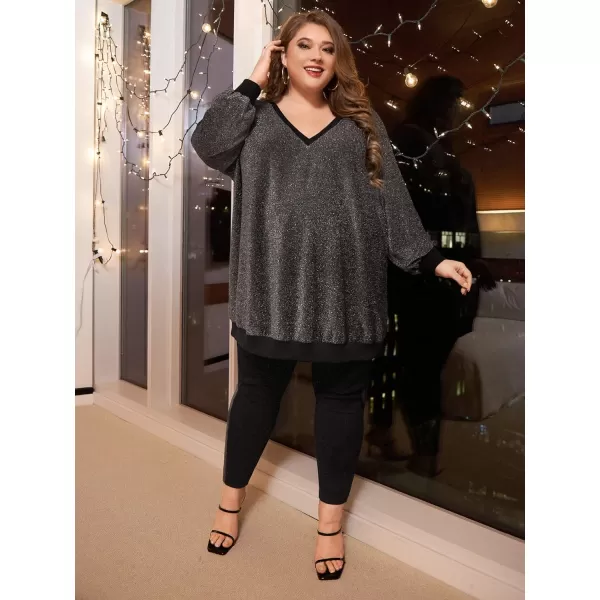 WDIRARA Women's Glitter Plus Size V Neck Drop Shoulder Long Sleeve Casual Loose Sweatshirts