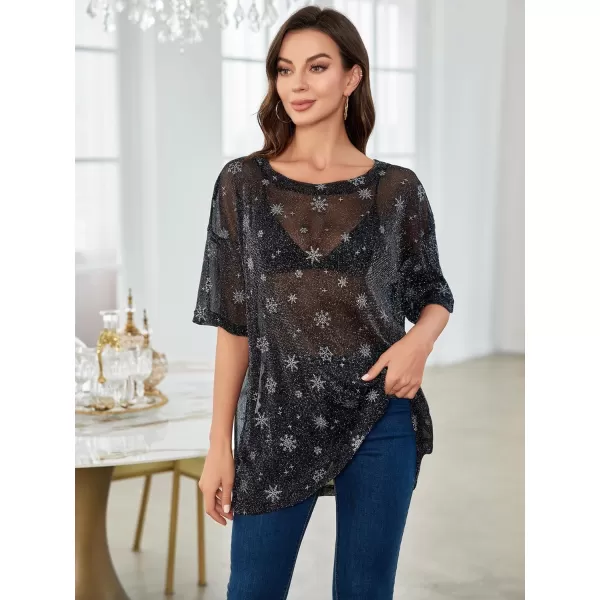 WDIRARA Women's Glitter Sheer See Through Short Sleeve Mesh Top Tee Blouse