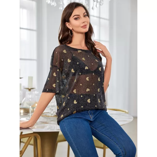 WDIRARA Women's Glitter Sheer See Through Short Sleeve Mesh Top Tee Blouse