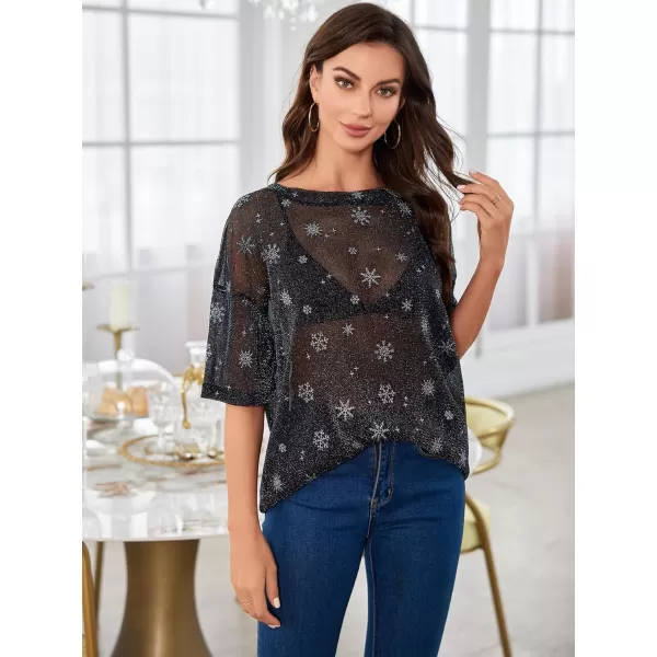 WDIRARA Women's Glitter Sheer See Through Short Sleeve Mesh Top Tee Blouse