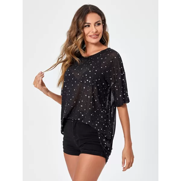 WDIRARA Women's Glitter Sheer See Through Short Sleeve Mesh Top Tee Blouse