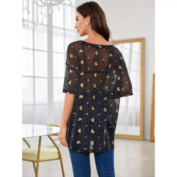 WDIRARA Women's Glitter Sheer See Through Short Sleeve Mesh Top Tee Blouse