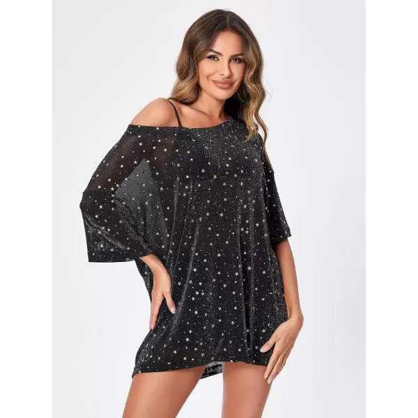 WDIRARA Women's Glitter Sheer See Through Short Sleeve Mesh Top Tee Blouse