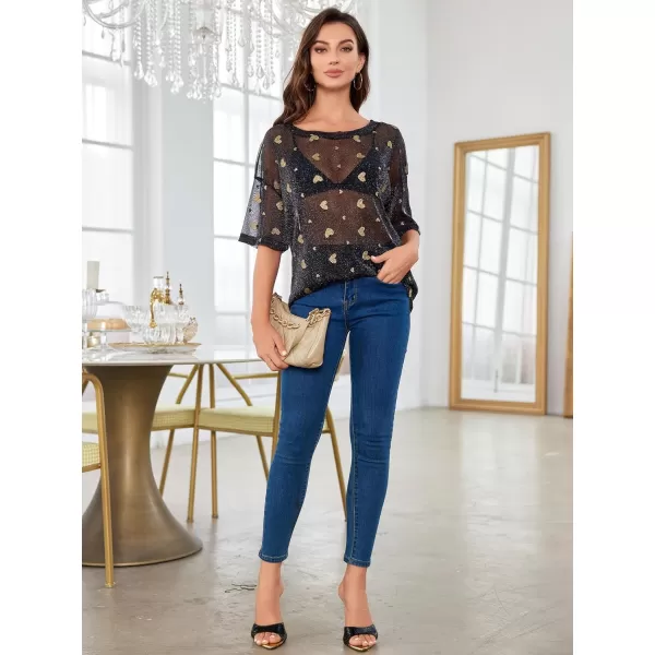 WDIRARA Women's Glitter Sheer See Through Short Sleeve Mesh Top Tee Blouse
