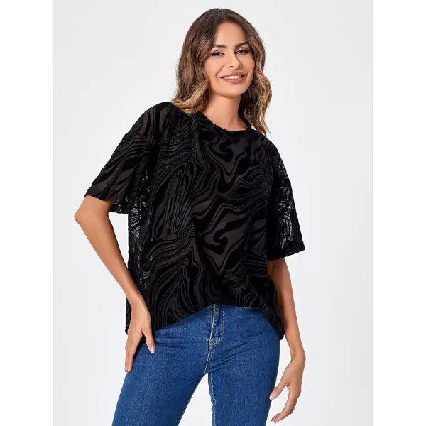 WDIRARA Women's Glitter Sheer See Through Short Sleeve Mesh Top Tee Blouse