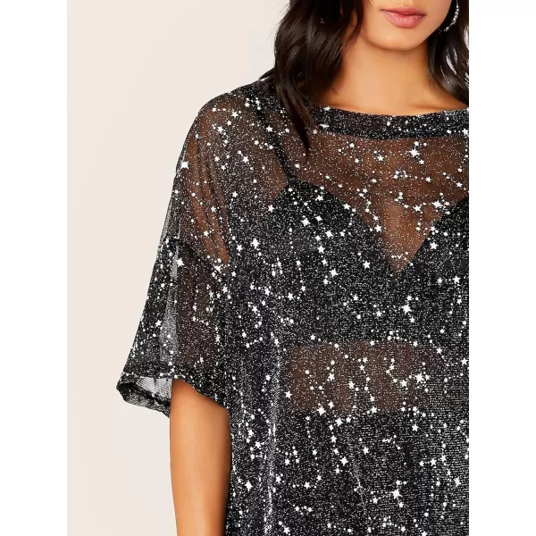 WDIRARA Women's Glitter Sheer See Through Short Sleeve Mesh Top Tee Blouse