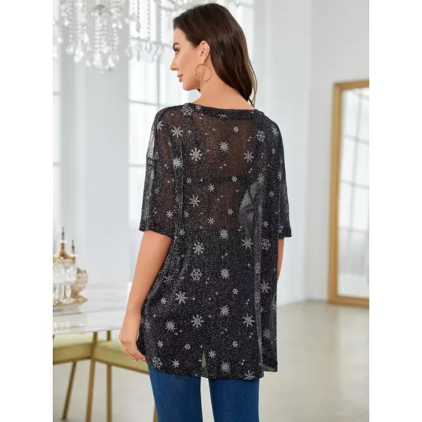 WDIRARA Women's Glitter Sheer See Through Short Sleeve Mesh Top Tee Blouse