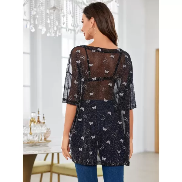WDIRARA Women's Glitter Sheer See Through Short Sleeve Mesh Top Tee Blouse