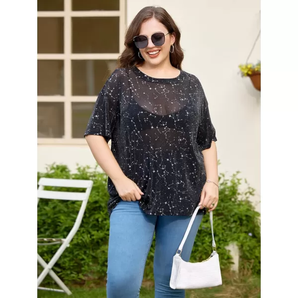 WDIRARA Women's Glitter Sheer See Through Short Sleeve Mesh Top Tee Blouse