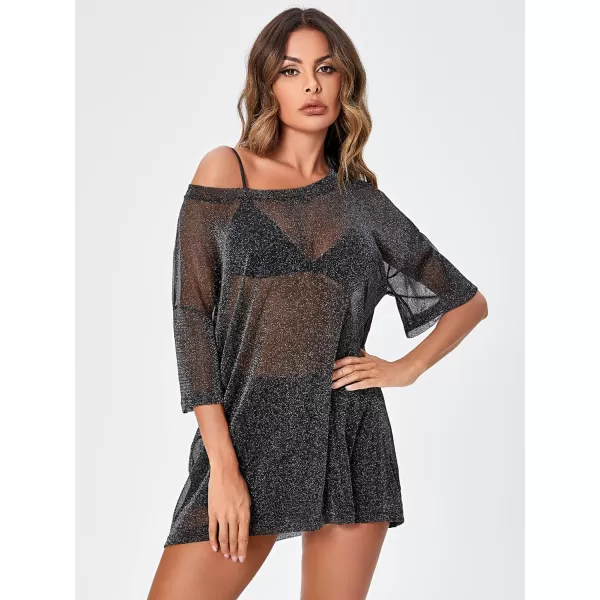 WDIRARA Women's Glitter Sheer See Through Short Sleeve Mesh Top Tee Blouse