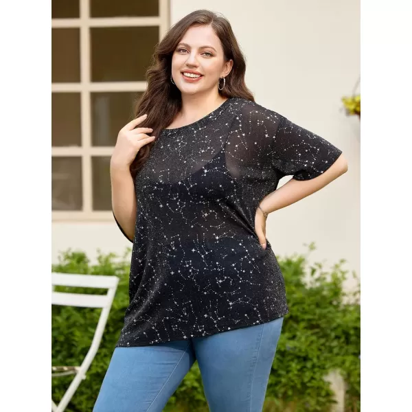 WDIRARA Women's Glitter Sheer See Through Short Sleeve Mesh Top Tee Blouse